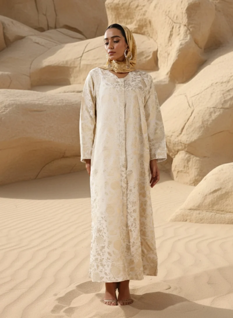 Ishin  Regal White Brocade Abaya with Hijab for Women | Best Price UAE